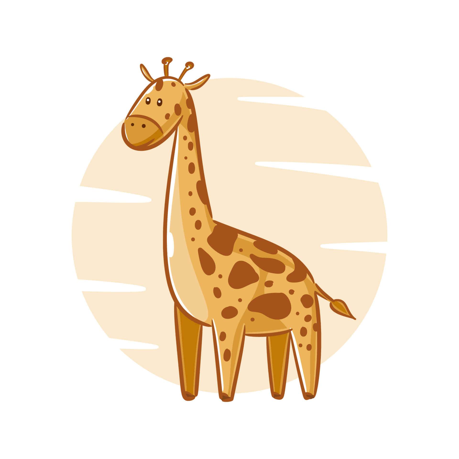Kawaii Giraffe 桌布 壁紙 — 一隻可愛的卡通長頸鹿，身上有棕色斑點，站在帶有白色條紋的柔和米色圓形背景前。