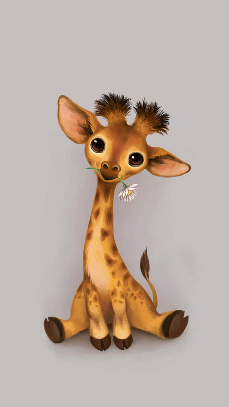 baby animal 桌布 壁紙 — 一隻可愛的卡通長頸鹿坐著，拿著一朵雛菊，有著大大的表情豐富的眼睛，背景是純灰色。
