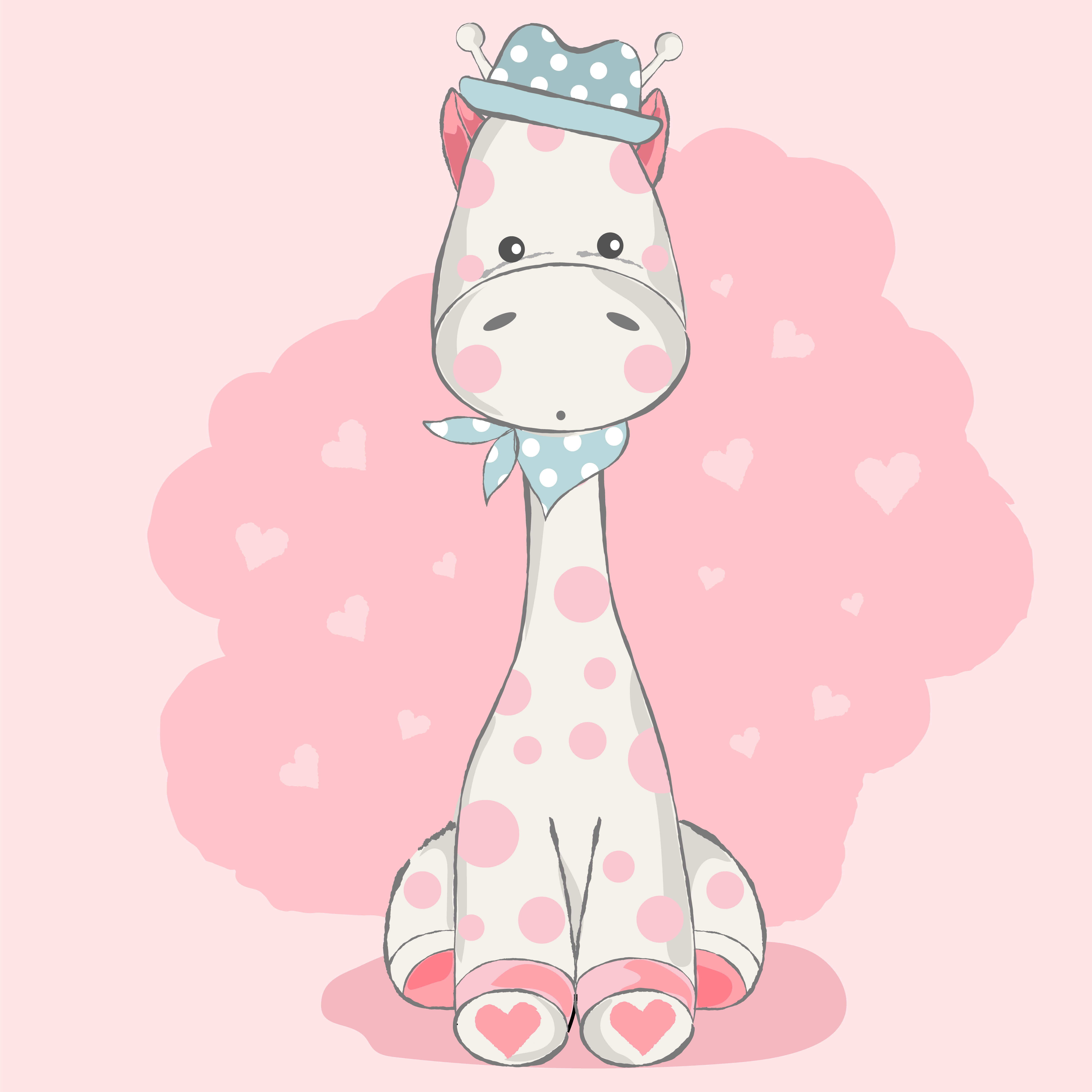 Kawaii Giraffe 桌布 壁紙 — 一隻可愛的卡通長頸鹿戴著圓點帽子和圍巾，坐在有愛心的粉紅雲朵旁。