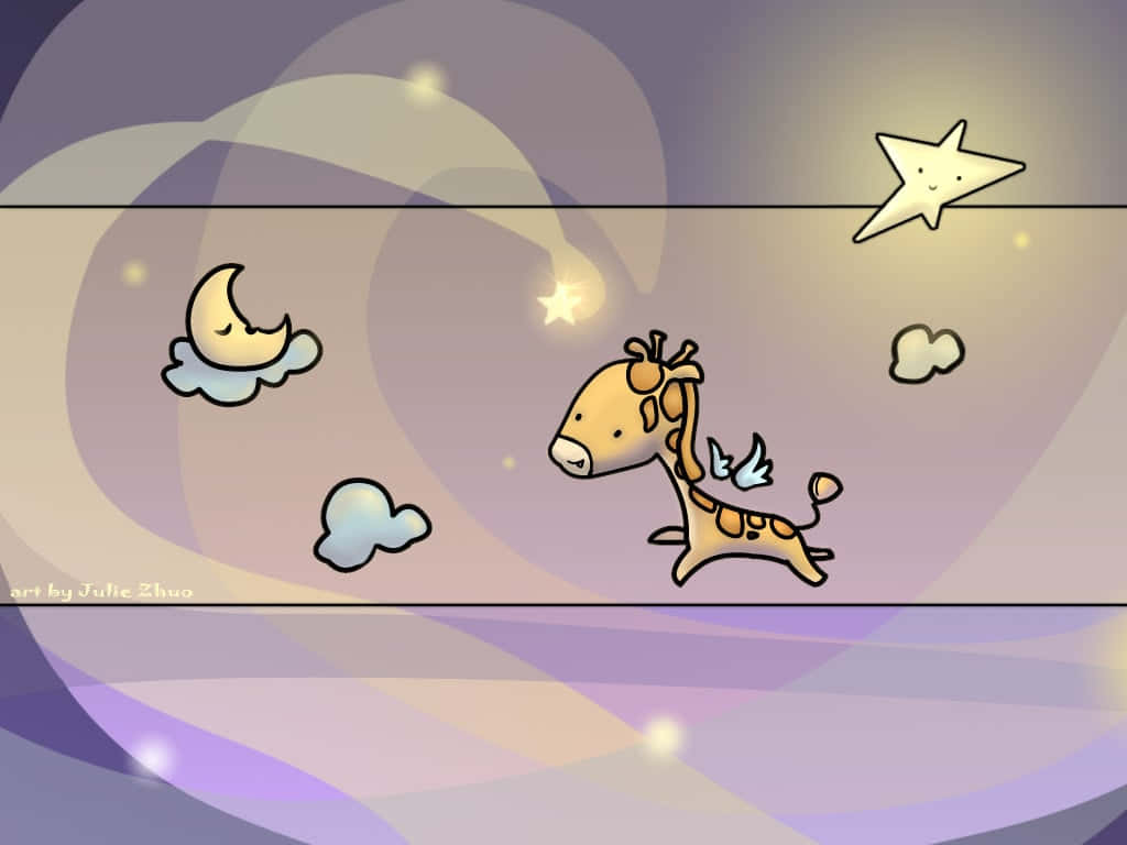 Baby Giraffe 桌布 壁紙 — 一隻可愛的卡通長頸鹿長著翅膀，在夢幻的暮色天空中飛翔，伴隨著微笑的月亮和星星。