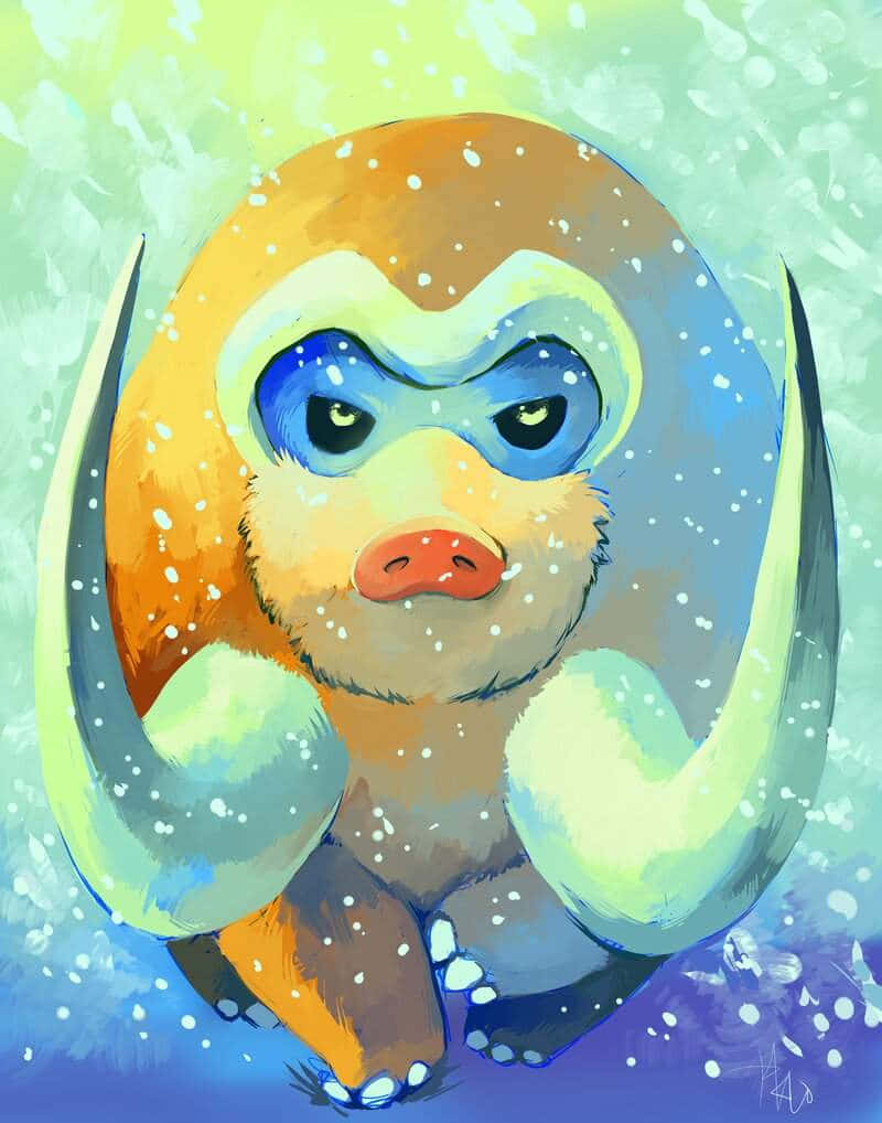 藝術 桌布 壁紙 — 一隻可愛的卡通雪猴，藍色眼睛和橙色毛髮，坐在飄落的雪花中，背景是柔和的綠色和藍色。