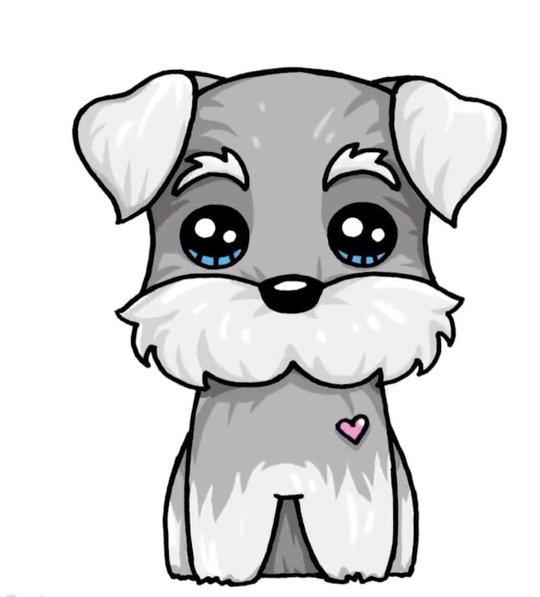 Kawaii Dog 桌布 壁紙 — 一隻可愛的卡通雪納瑞，有著大大的藍色眼睛和蓬鬆的白色鬍鬚，戴著粉紅色心形標籤。