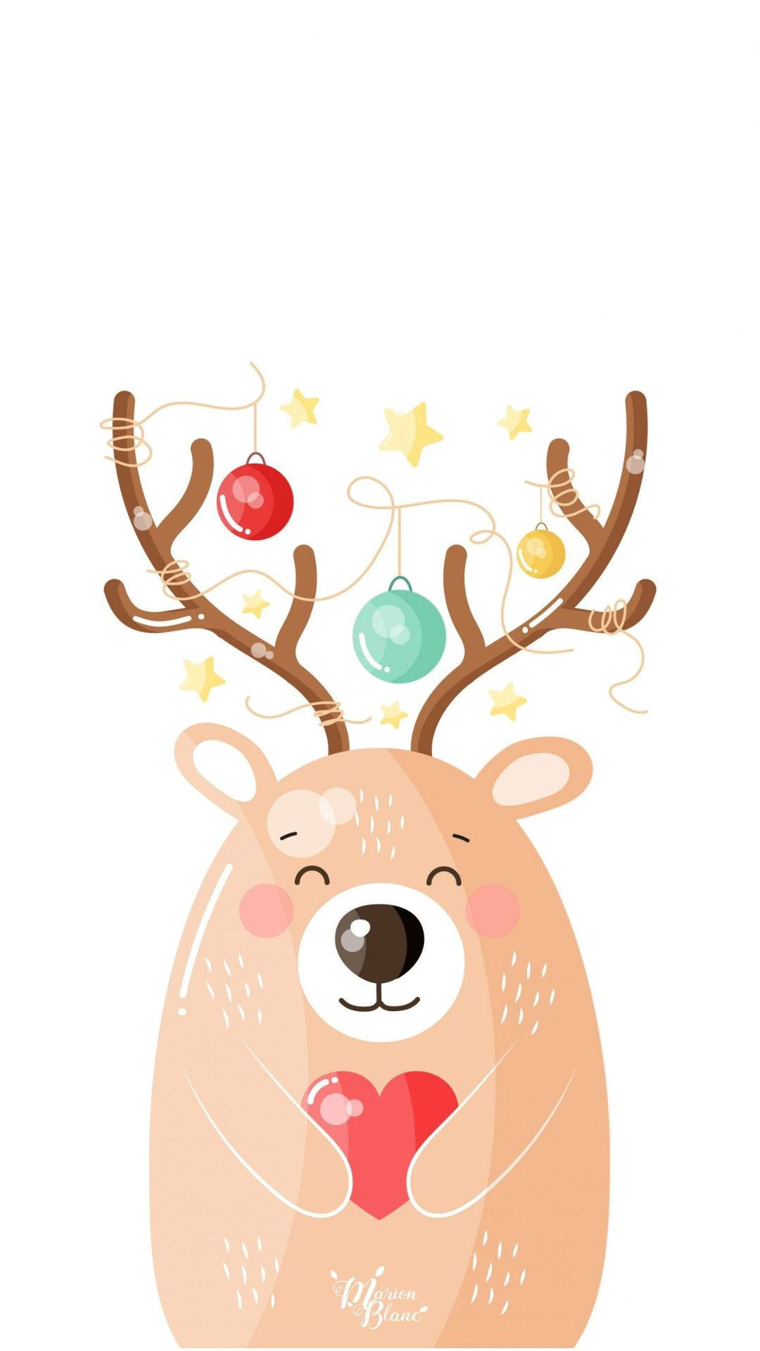 Kawaii Christmas 桌布 壁紙 — 一隻可愛的卡通馴鹿，鹿角上裝飾著色彩繽紛的飾物和星星，在白色背景前拿著一個紅心。
