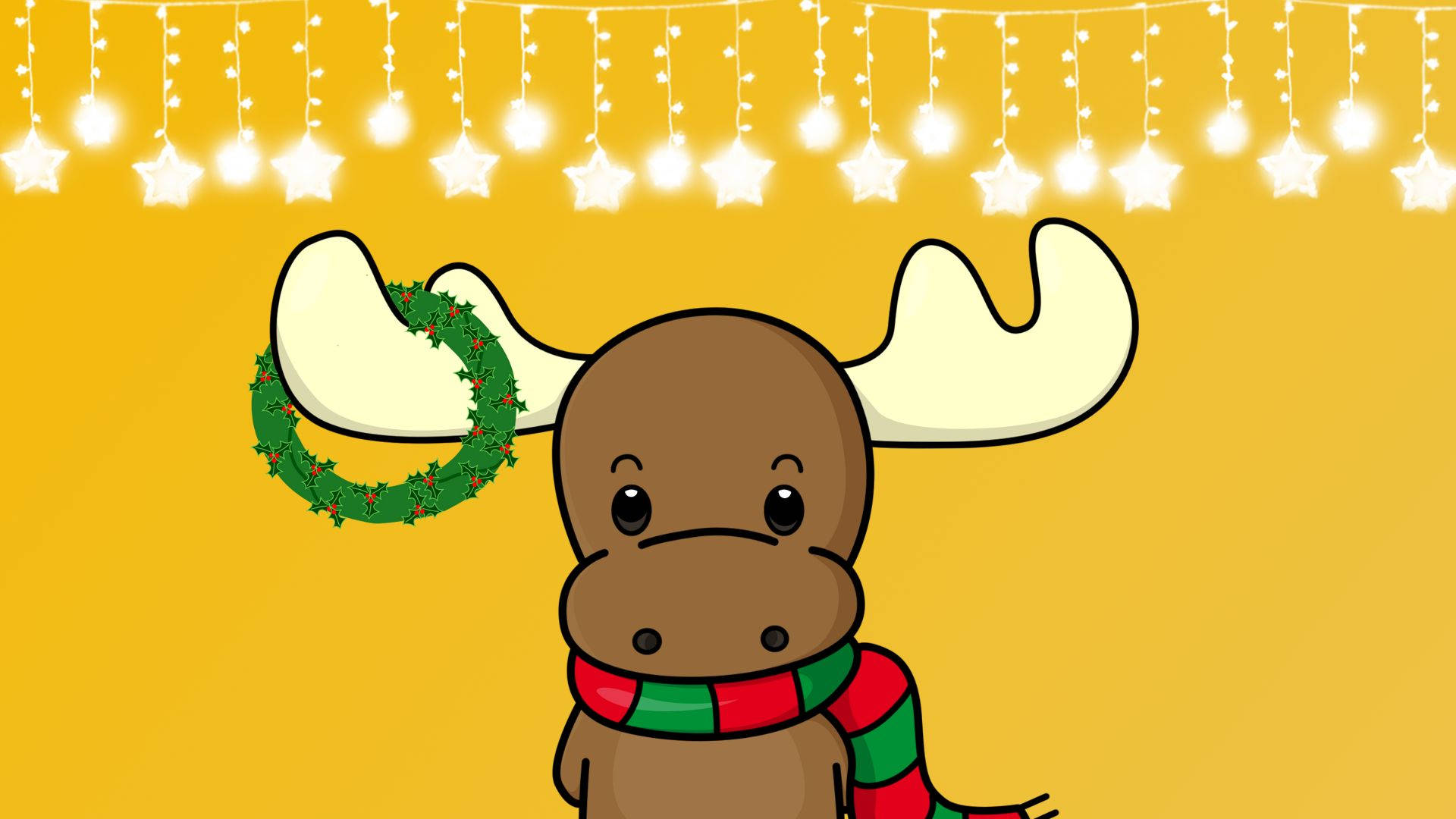 Kawaii Christmas 桌布 壁紙 — 一隻可愛的卡通駝鹿，戴著紅綠相間的圍巾，鹿角上掛著節日花環，背景是黃色，掛著星星燈。