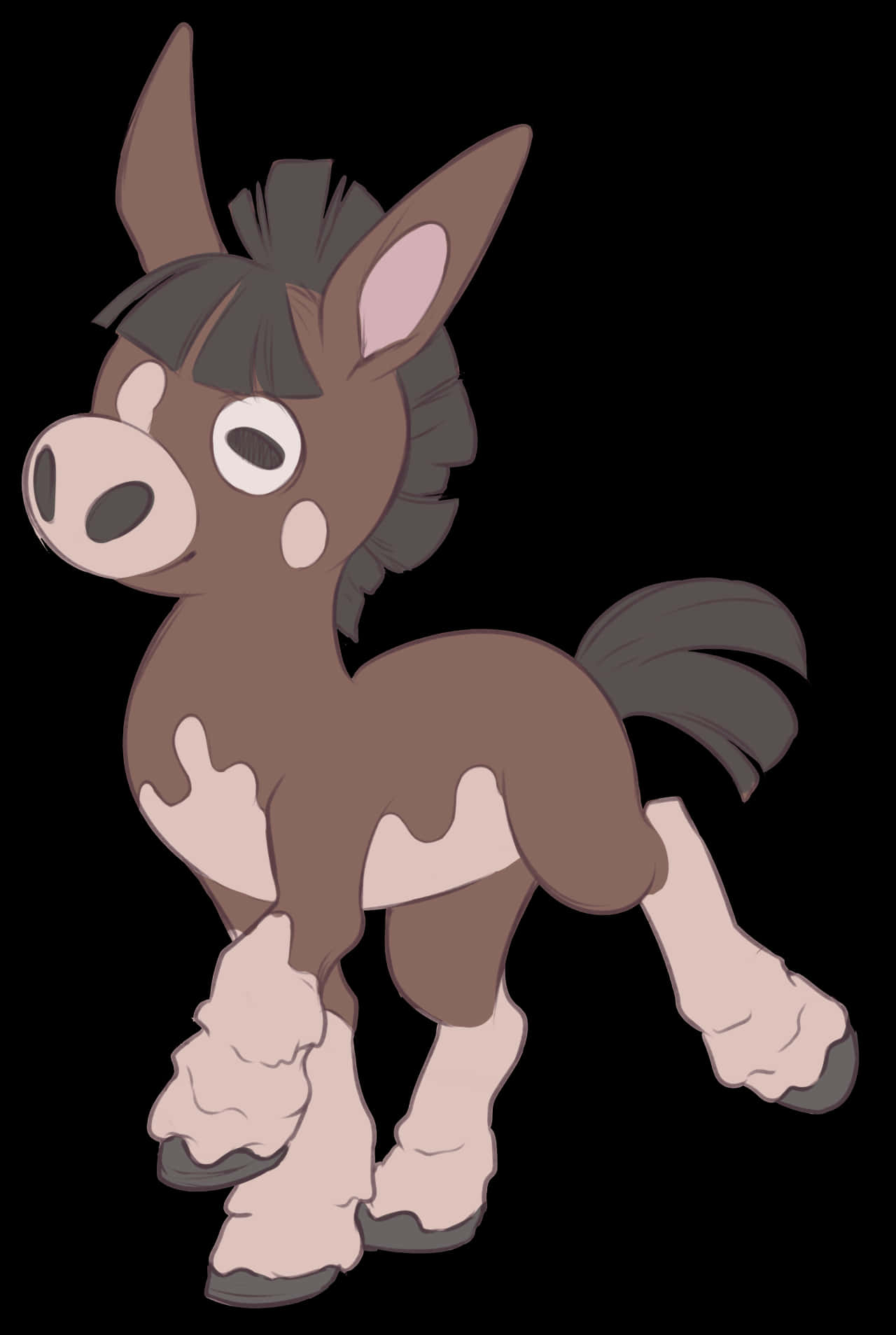 Mudbray 桌布 壁紙 — 一隻可愛的卡通驢子，有棕色和奶油色斑點，站在黑色背景前，眼睛又大又圓。