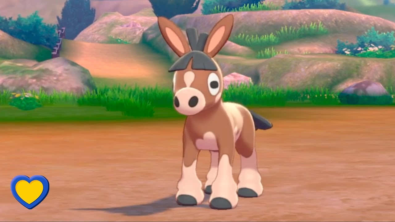 Mudbray 桌布 壁紙 — 一隻可愛的卡通驢子戴著黑色帽子，站在色彩繽紛的草地上，身後是起伏的山丘。
