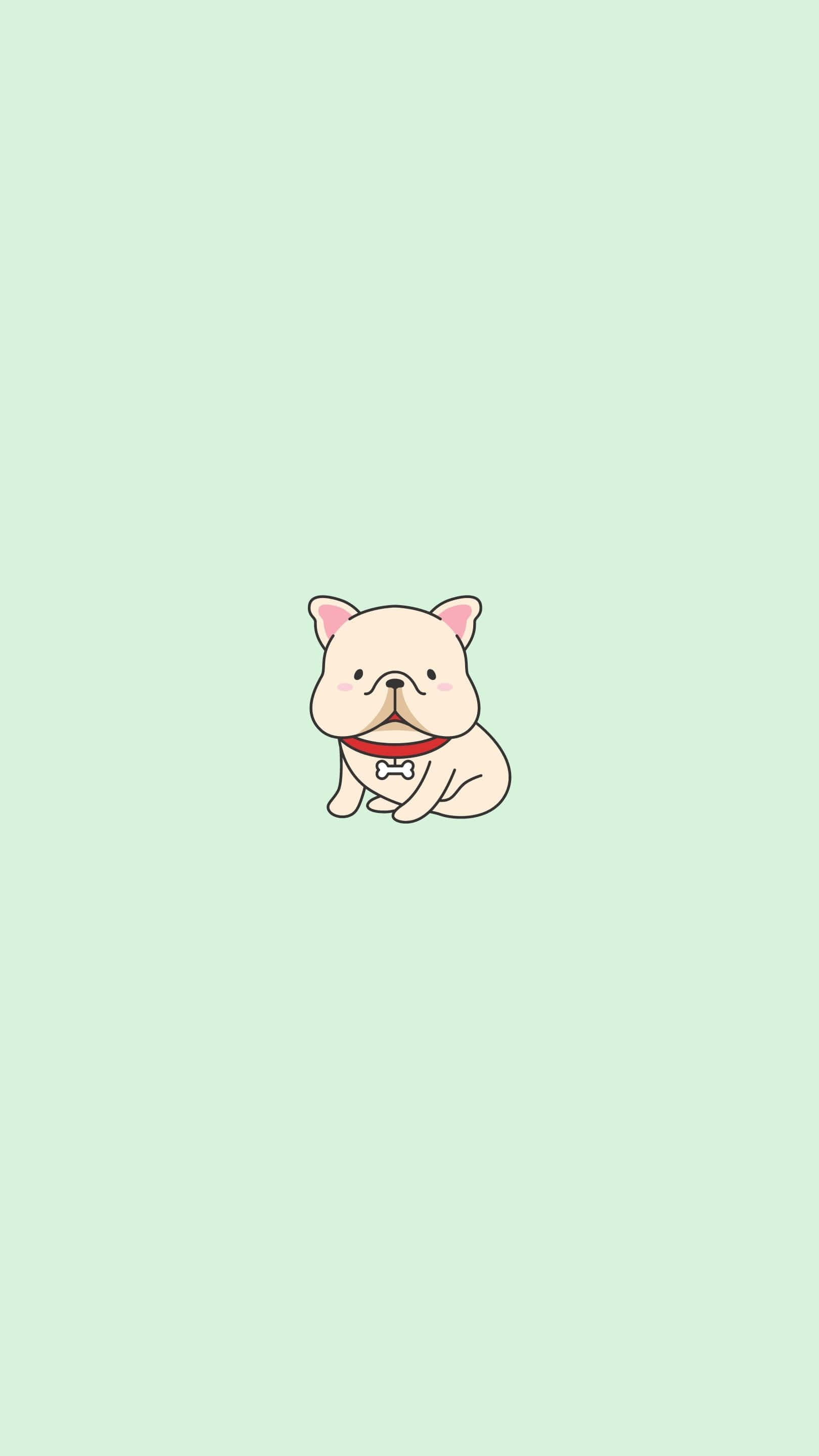 Cute Aesthetic Anime 桌布 壁紙 — 一隻可愛的卡通鬥牛犬，有粉紅色耳朵和紅色項圈，坐在柔軟的薄荷綠色背景中央。