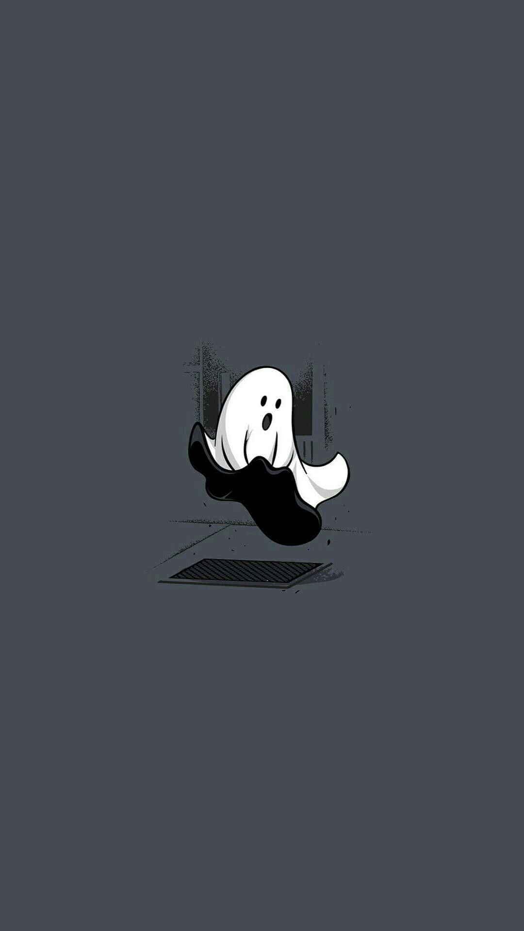 Cute Ghost 桌布 壁紙 — 一隻可愛的卡通鬼魂，大眼睛從灰色背景的黑暗門口探出頭來。