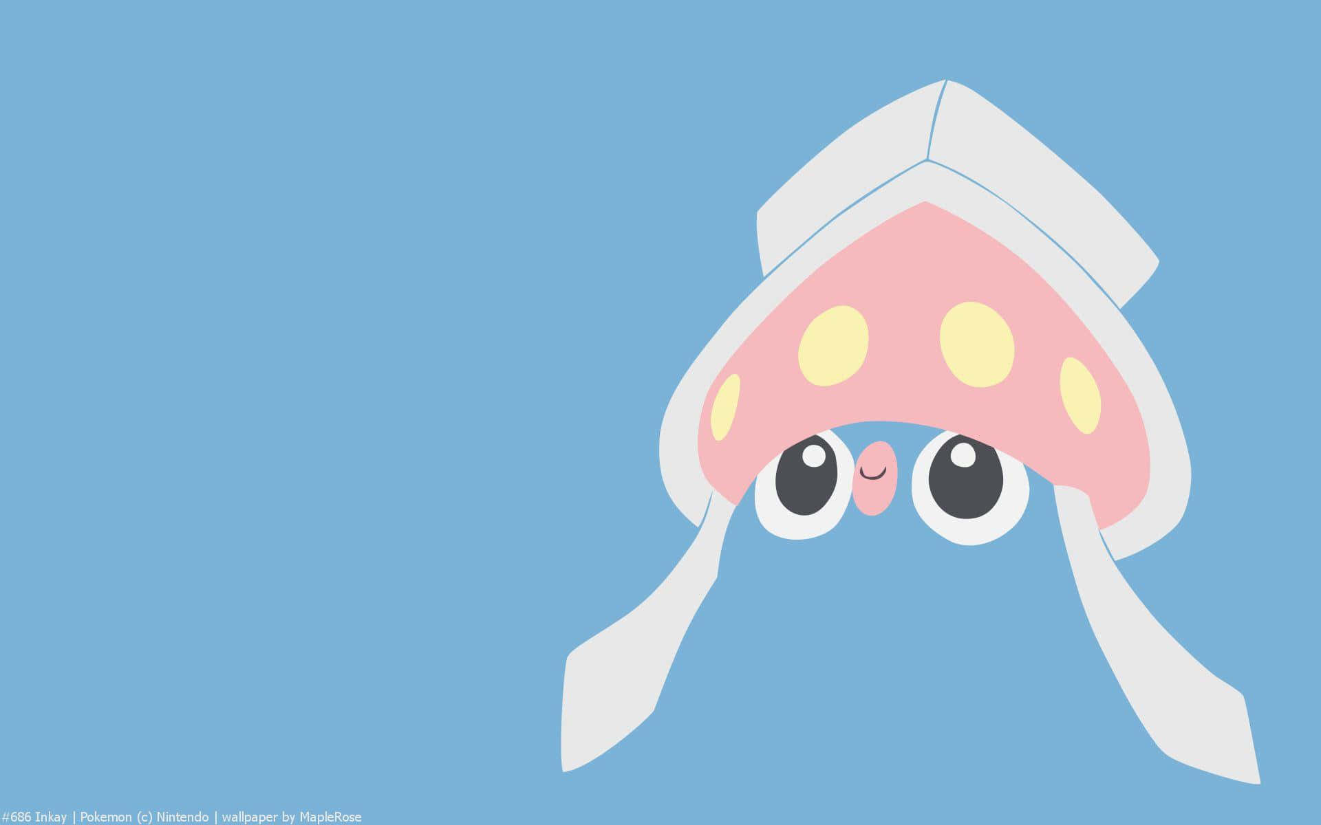 Pokemon Aesthetic 桌布 壁紙 — 一隻可愛的卡通魷魚戴著粉紅色圓點帽子，從純藍色背景中探出頭來，有著大大的圓眼睛。