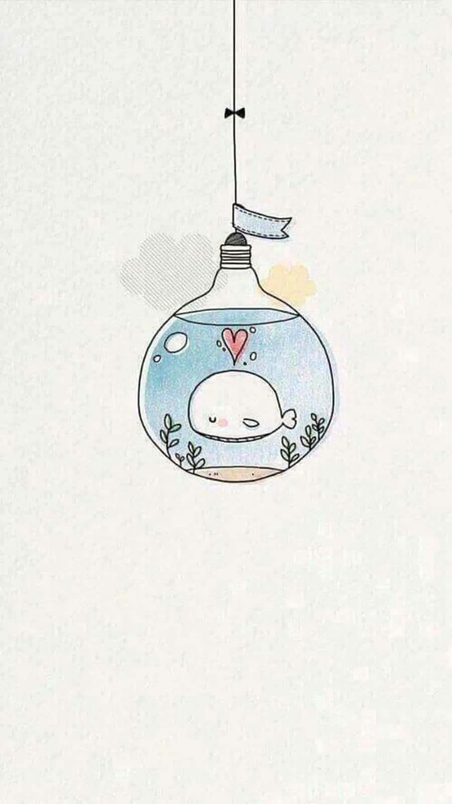 Bulb 桌布 壁紙 — 一隻可愛的卡通鯨魚在一個裝滿藍色水和綠色植物的懸掛玻璃魚缸中平靜地游泳。