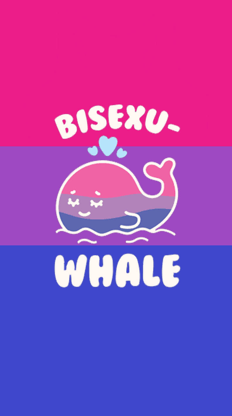 Bisexual Aesthetic 桌布 壁紙 — 一隻可愛的卡通鯨魚閉著眼睛，在粉紅、紫和藍色漸變背景中游泳，帶有文字 bisexu whale 和心形。