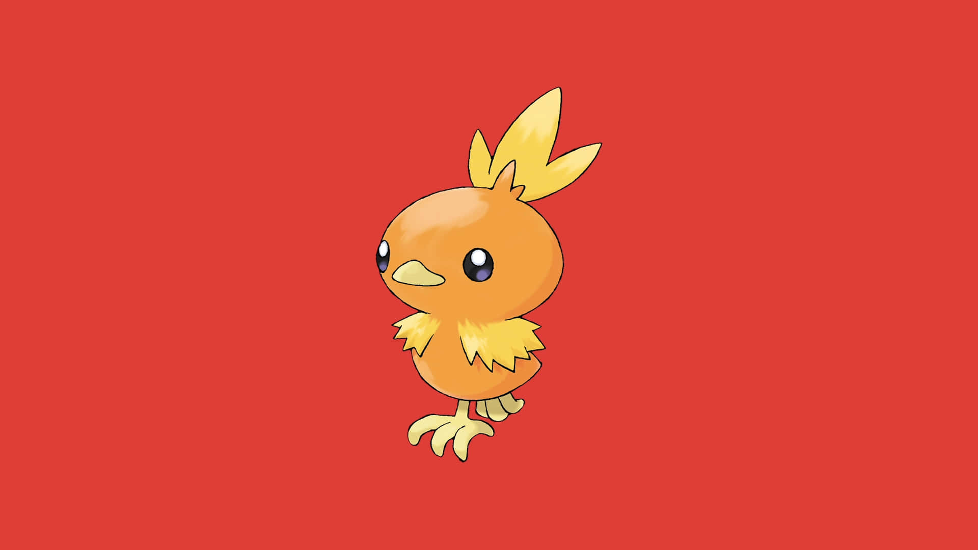 藝術 桌布 壁紙 — 一隻可愛的卡通鳥類寶可夢，擁有黃色羽毛和火焰狀的頭冠，站在純紅色背景前。