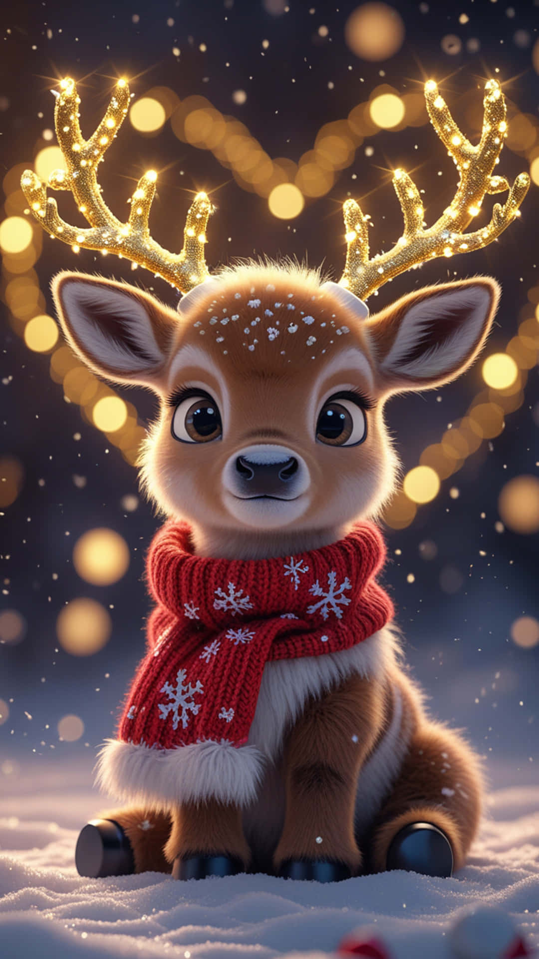 Christmas Wallpaper 壁紙 — 一隻可愛的卡通鹿，帶有發光的金色鹿角和紅色雪花圍巾，坐在雪地中，背景是散景光。