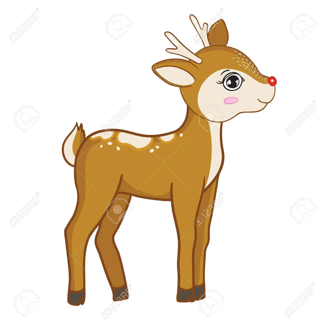 Funny Deer 桌布 壁紙 — 一隻可愛的卡通鹿，紅鼻子，白色斑點，側面站立在純白色背景前。