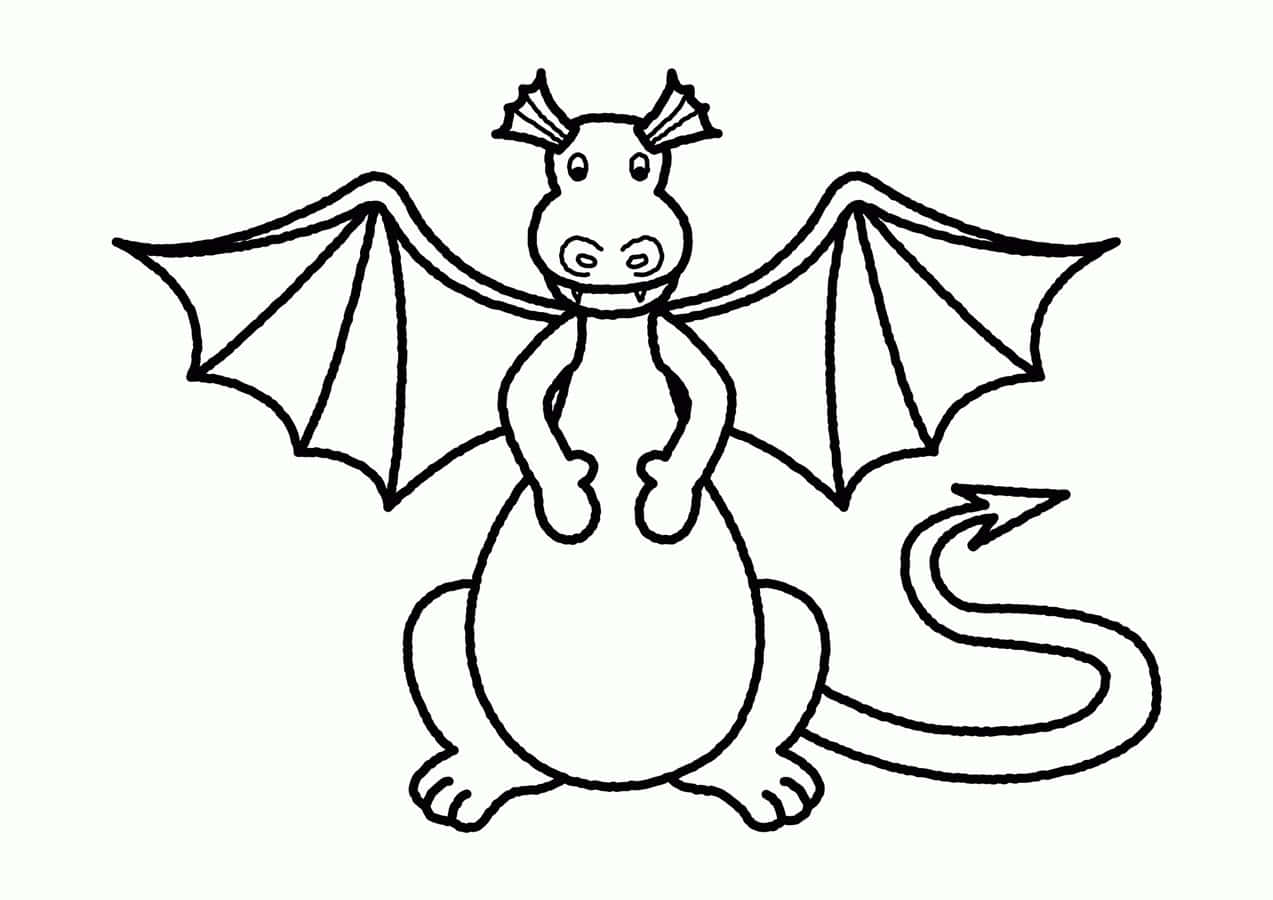 Dragon Coloring 桌布 壁紙 — 一隻可愛的卡通龍，有翅膀和尾巴，以簡單的黑色輪廓畫直立坐著。