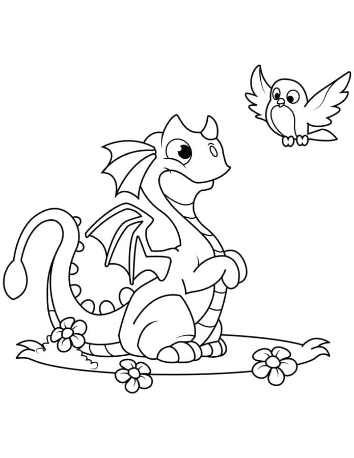 Dragon Coloring 桌布 壁紙 — 一隻可愛的卡通龍坐在開滿花的樹枝上，一隻小鳥在附近飛翔，採用簡單的線條藝術風格。