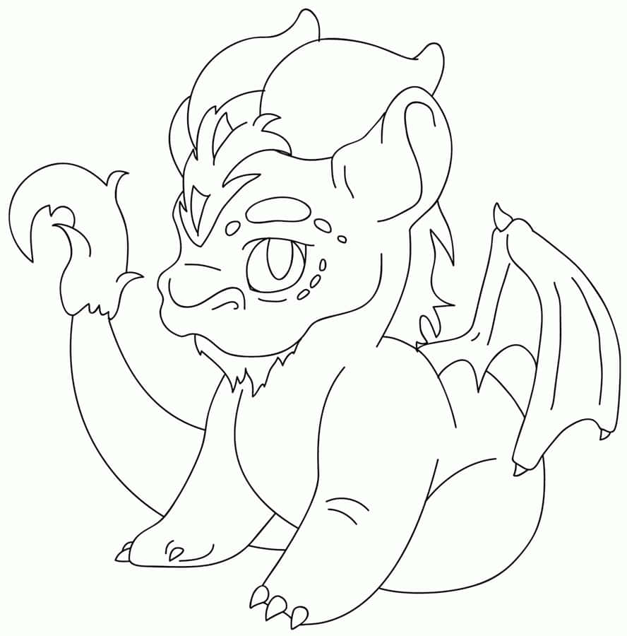 Dragon Coloring 桌布 壁紙 — 一隻可愛的卡通龍寶寶，有大眼睛和小翅膀，以簡單的線條藝術風格坐著。