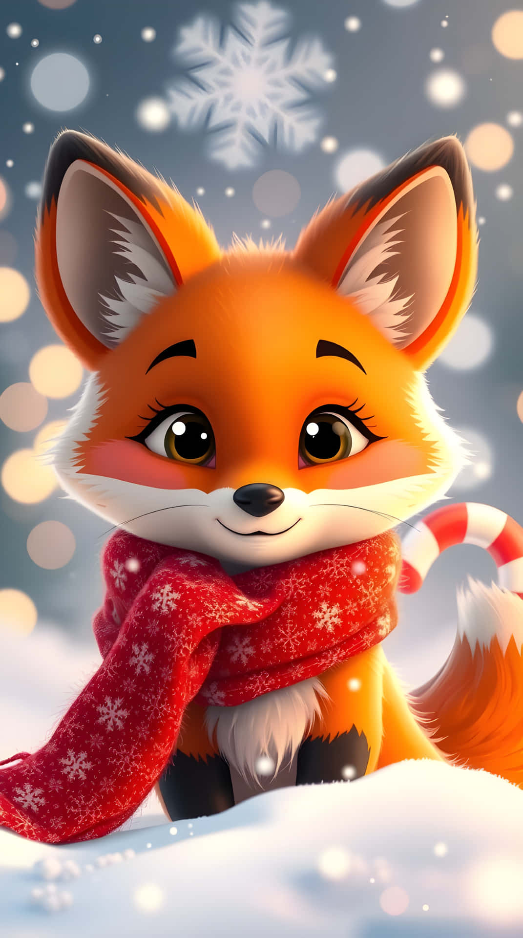 Cute Winter Fox in Red Scarf Holding Candy Cane Christmas Wallpaper 4K 壁紙 — 一隻可愛的大眼卡通狐狸，戴著紅色雪花圖案圍巾，在雪白的冬日場景中拿著一根拐杖糖。