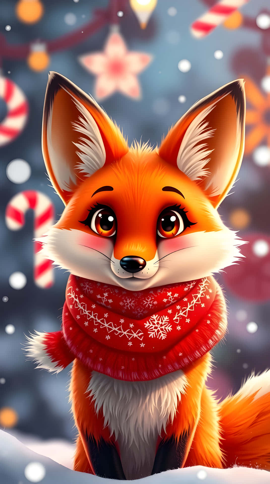 Cute Winter Fox in Red Scarf Holding Candy Cane Christmas Wallpaper 4K 壁紙 — 一隻可愛的大眼卡通狐狸，戴著紅色雪花圍巾，背景是雪地、拐杖糖和發光的燈光。