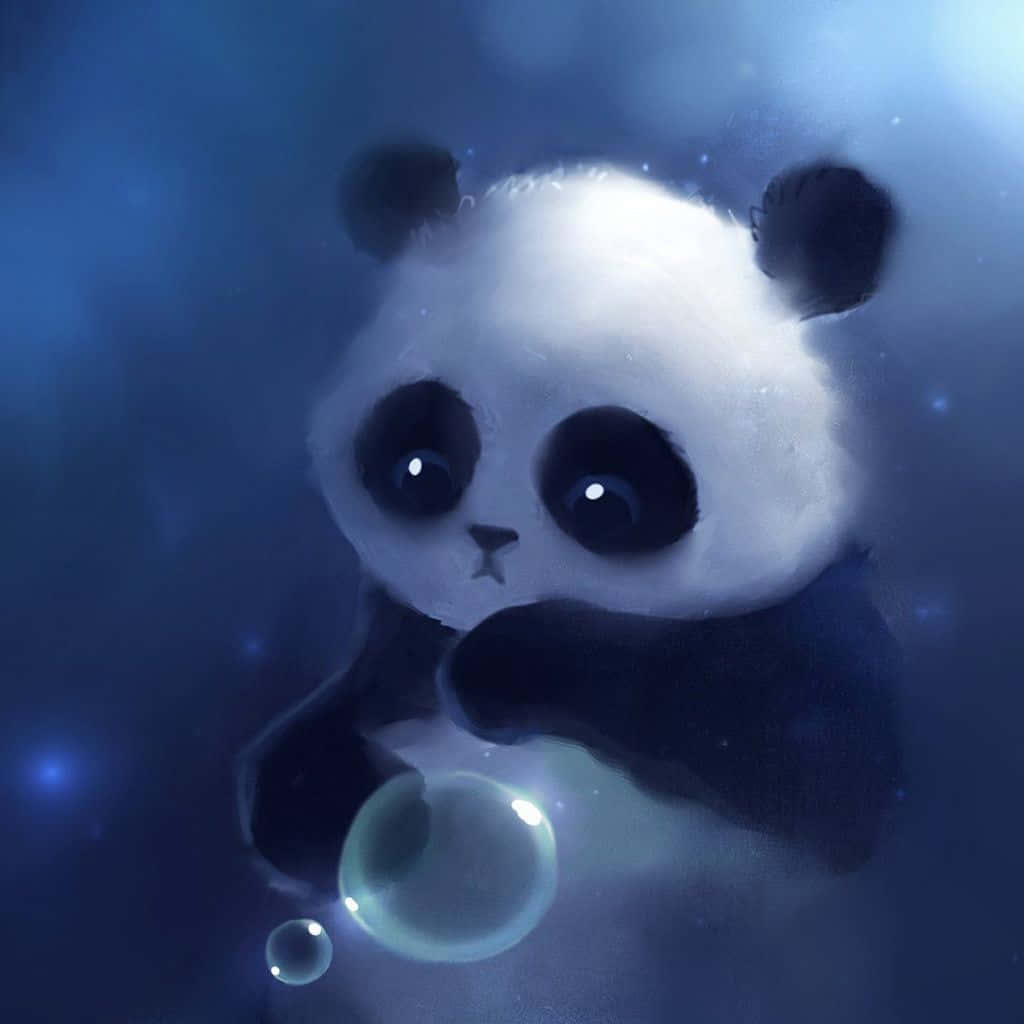 Bubbles 桌布 壁紙 — 一隻可愛的大眼熊貓在夢幻的藍色背景下輕輕地拿著發光的泡泡。