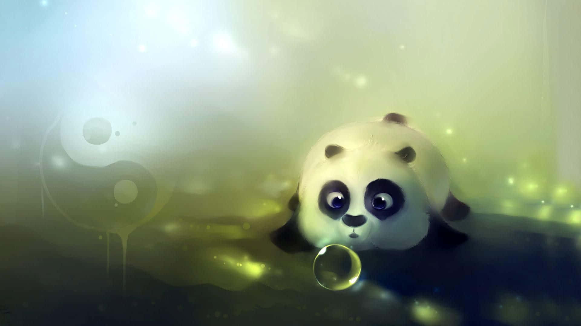 Cute Panda 桌布 壁紙 — 一隻可愛的大眼睛卡通熊貓從霧氣瀰漫的水中探出頭來，在柔和的金色光芒下拿著一個發光的泡泡。