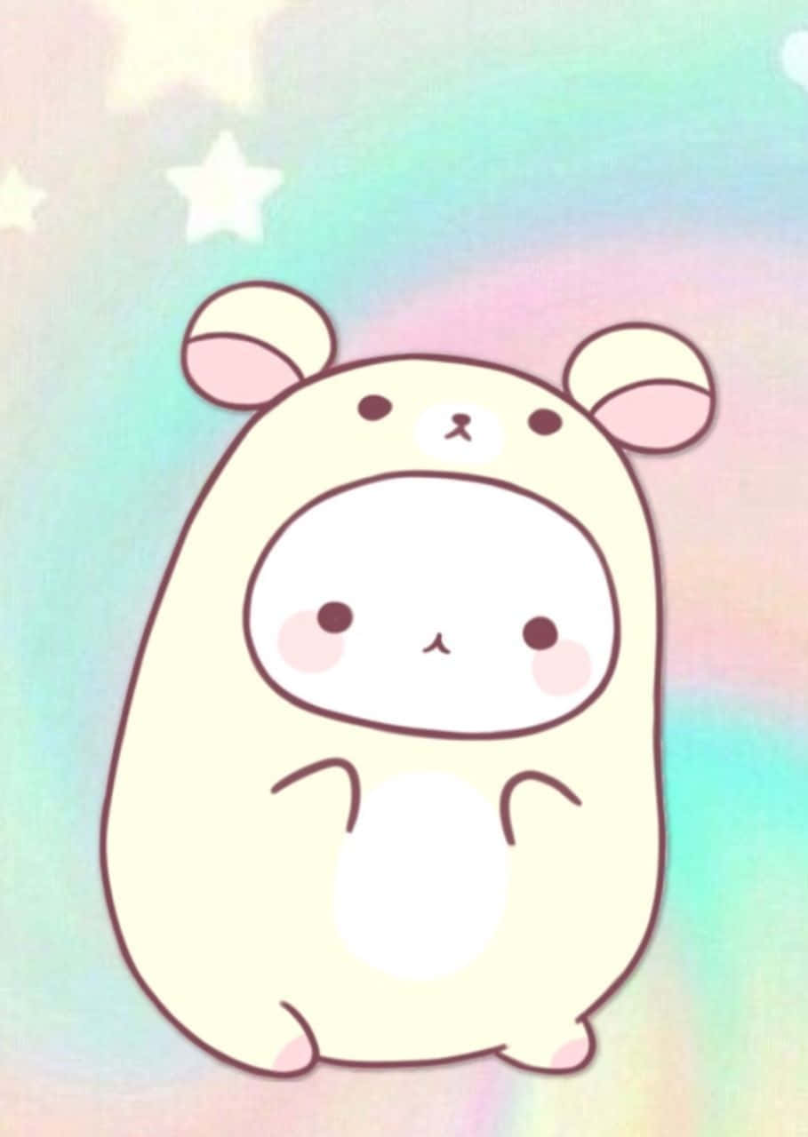 Cartoon Characters 桌布 壁紙 — 一隻可愛的奶油色卡通倉鼠，有粉紅色的耳朵和臉頰，坐在帶有白色星星的粉彩彩虹背景前。