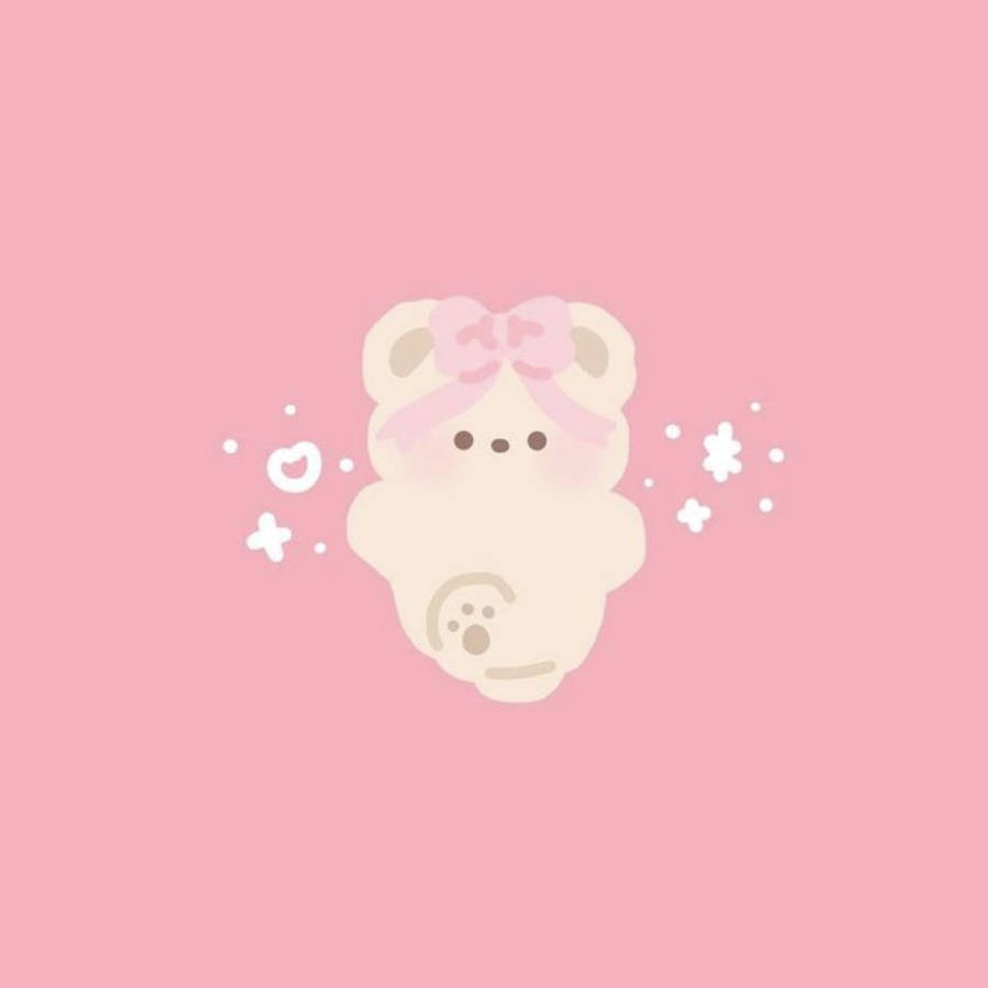 girly pink aesthetic 桌布 壁紙 — 一隻可愛的奶油色小熊，繫著粉紅色蝴蝶結和閃粉，漂浮在柔和的粉紅色背景上。