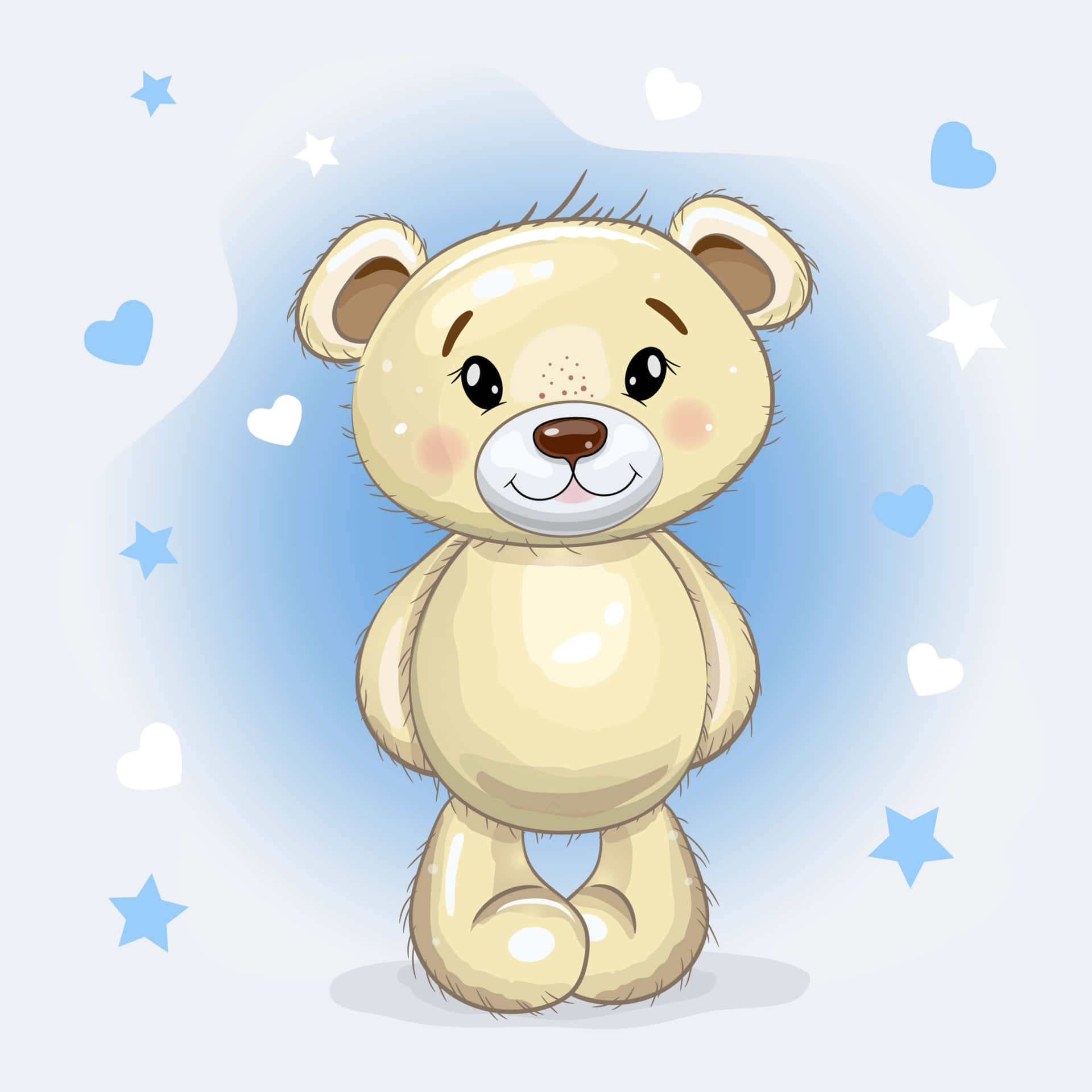 Teddy Bear 桌布 壁紙 — 一隻可愛的奶油色泰迪熊，臉頰紅潤，帶著溫柔的微笑，站在柔和的藍色背景前，背景裝飾著白色和藍色的心形和星星。
