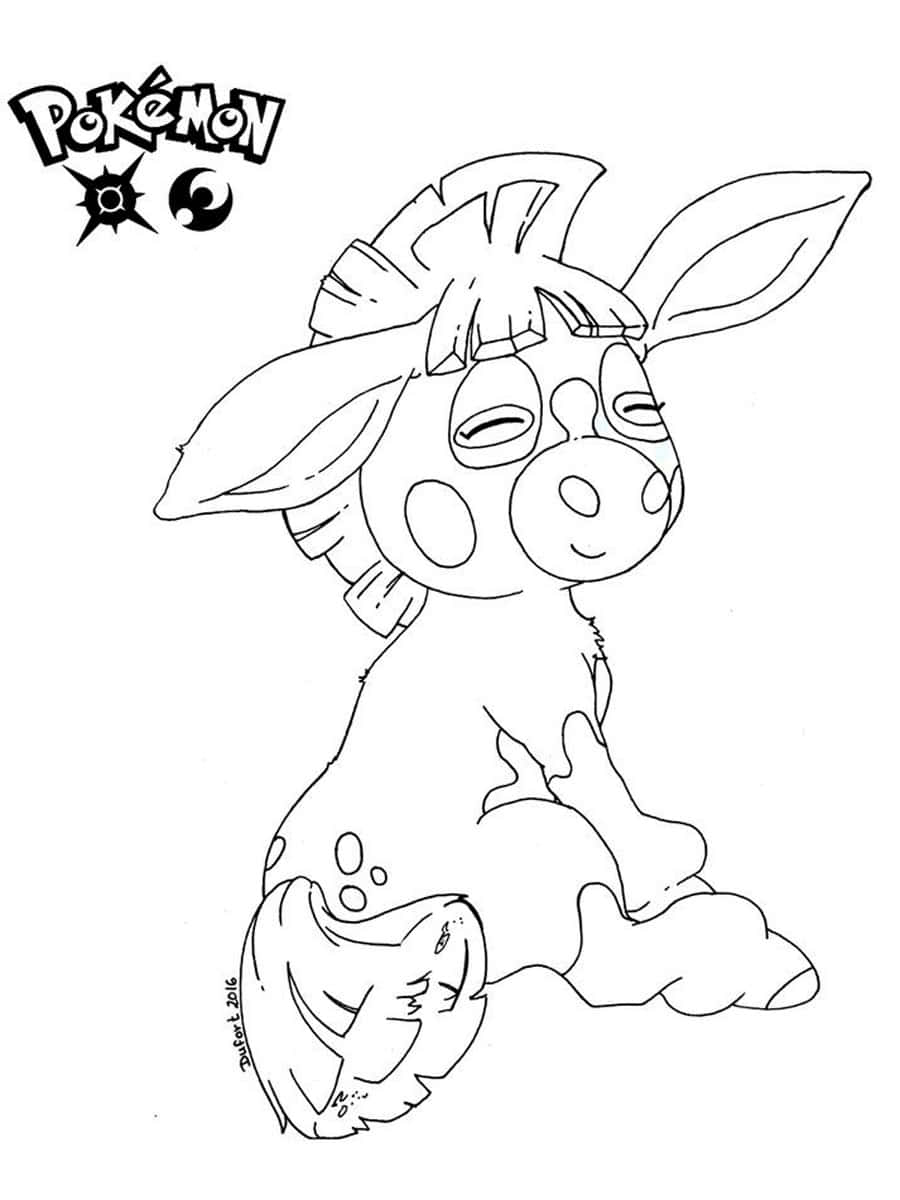 Mudbray 桌布 壁紙 — 一隻可愛的寶可夢角色，有大耳朵和斑點，坐著的黑色和白色線條藝術著色頁。