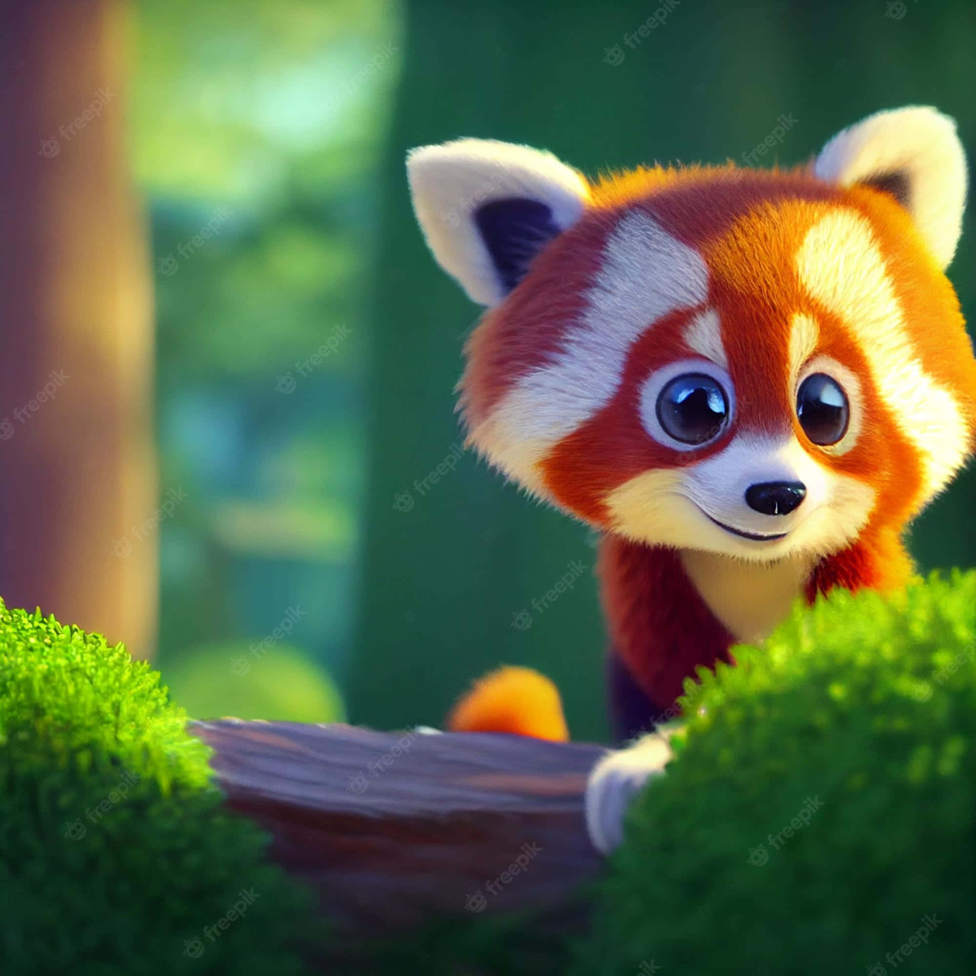 Cute Red Panda 桌布 壁紙 — 一隻可愛的小熊貓，有大眼睛，在陽光明媚的森林裡，從長滿苔蘚的木頭上探出頭來。