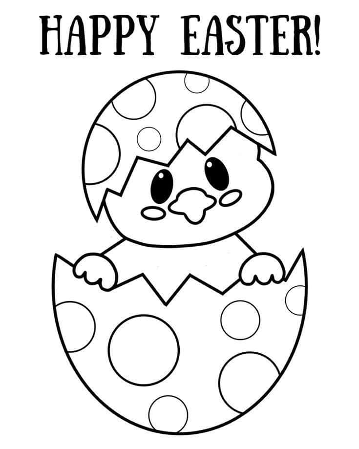 Happy Easter 桌布 壁紙 — 一隻可愛的小雞從波點復活蛋中探出頭來，上方有 'HAPPY EASTER!' 字樣。