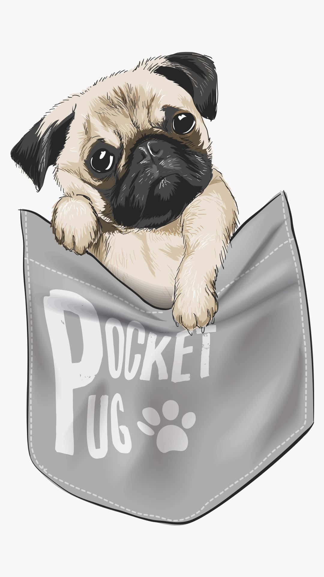 數位藝術 桌布 壁紙 — 一隻可愛的巴哥犬幼犬從一個灰色口袋中探出頭來，口袋上標有「POCKET PUG」和一個爪印。