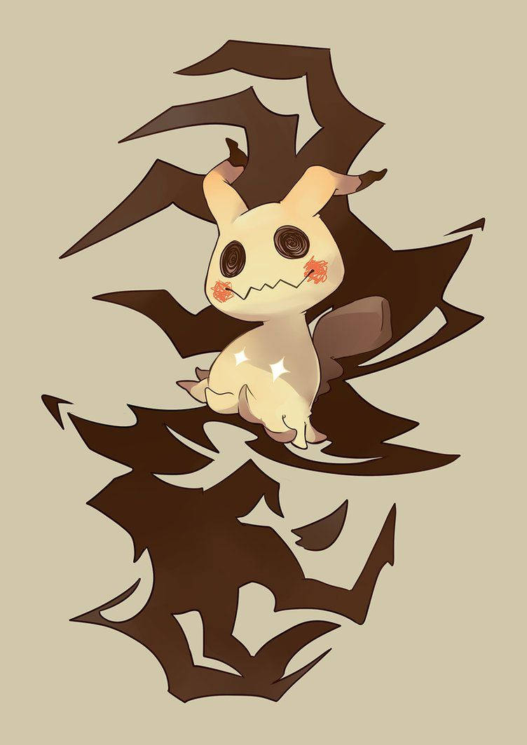 Pokémon 手機 桌布 壁紙 — 一隻可愛的幽靈生物，擁有蝙蝠般的翅膀和發光的眼睛，從米色背景上的黑暗漩渦形狀中出現。