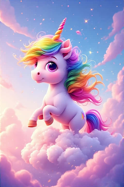 Chibi Unicorn on a Cloud Rainbow Mane 4K 壁紙 — 一隻可愛的彩虹鬃毛獨角獸，有著色彩繽紛的角，在星空下快樂地站在蓬鬆的粉紅雲朵上。