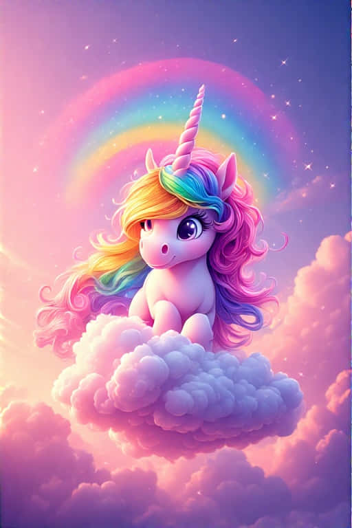 Chibi Unicorn on a Cloud Rainbow Mane 4K 壁紙 — 一隻可愛的彩虹鬃毛螺旋角獨角獸坐在蓬鬆的雲朵上，下方是閃耀的彩虹拱門，背景是星空。