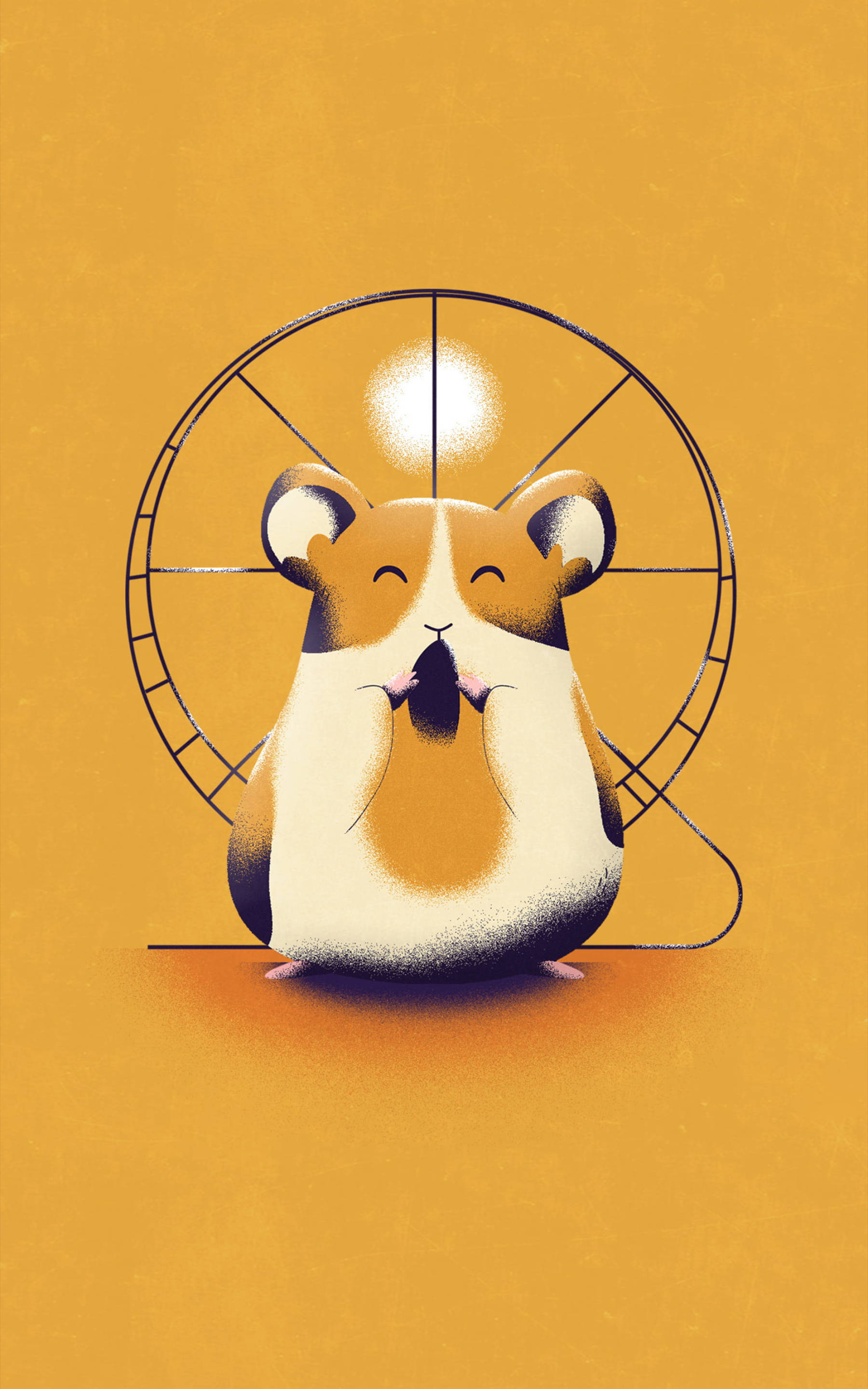 hamster wheel 桌布 壁紙 — 一隻可愛的插圖倉鼠滿足地坐在發光的輪子前，背景是溫暖的金色。