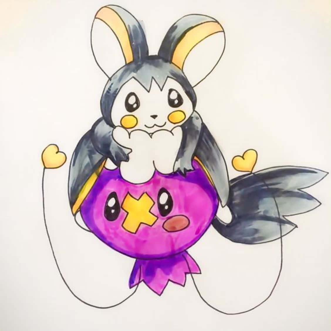 Pokemon Aesthetic 桌布 壁紙 — 一隻可愛的插圖兔子寶可夢，灰色毛皮帶黃色點綴，坐在一個紫色糖果狀、帶黃色十字臉的寶可夢上面。