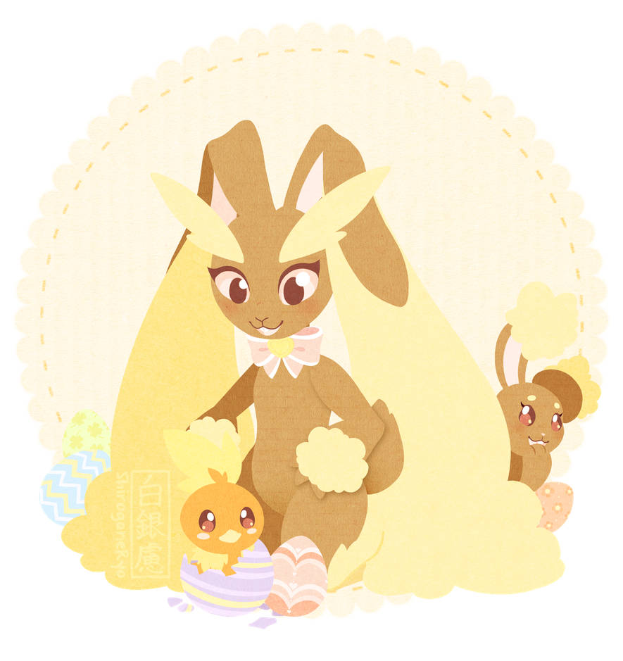 Easter Bunny 桌布 壁紙 — 一隻可愛的插畫兔子繫著蝴蝶結，從蛋中抱著一隻小雞，周圍有粉彩復活蛋和一隻較小的兔子。