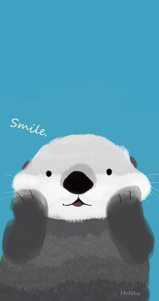 cute girly phone 桌布 壁紙 — 一隻可愛的插畫水獺在純青色背景上舉起爪子微笑，並帶有「Smile」字樣。