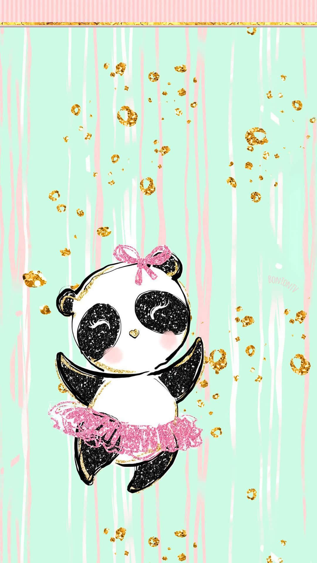 Girly Panda 桌布 壁紙 — 一隻可愛的插畫熊貓，身穿粉紅色芭蕾舞裙和蝴蝶結，在薄荷綠和粉紅色條紋背景上，伴隨著閃閃發光的金色紙屑跳舞。