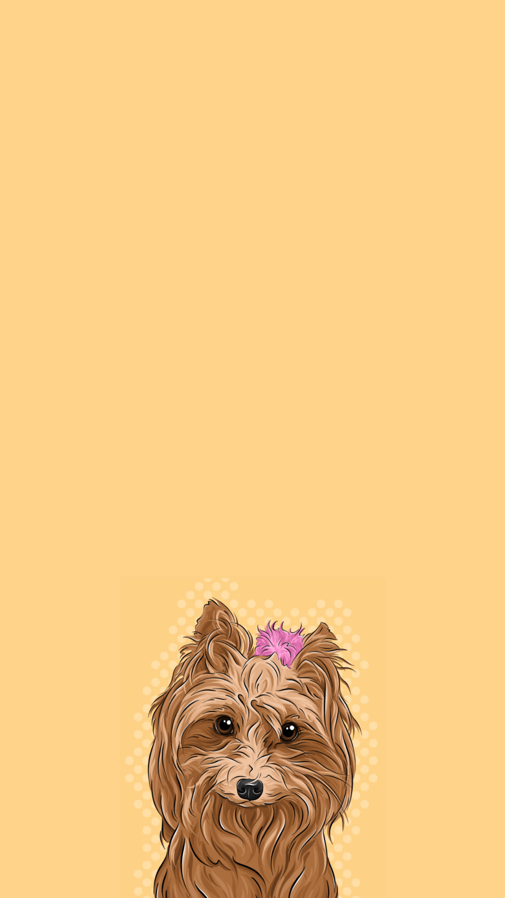 Terrier 桌布 壁紙 — 一隻可愛的插畫約克夏㹴，戴著粉紅色蝴蝶結，在柔和的黃色圓點背景上仰望。