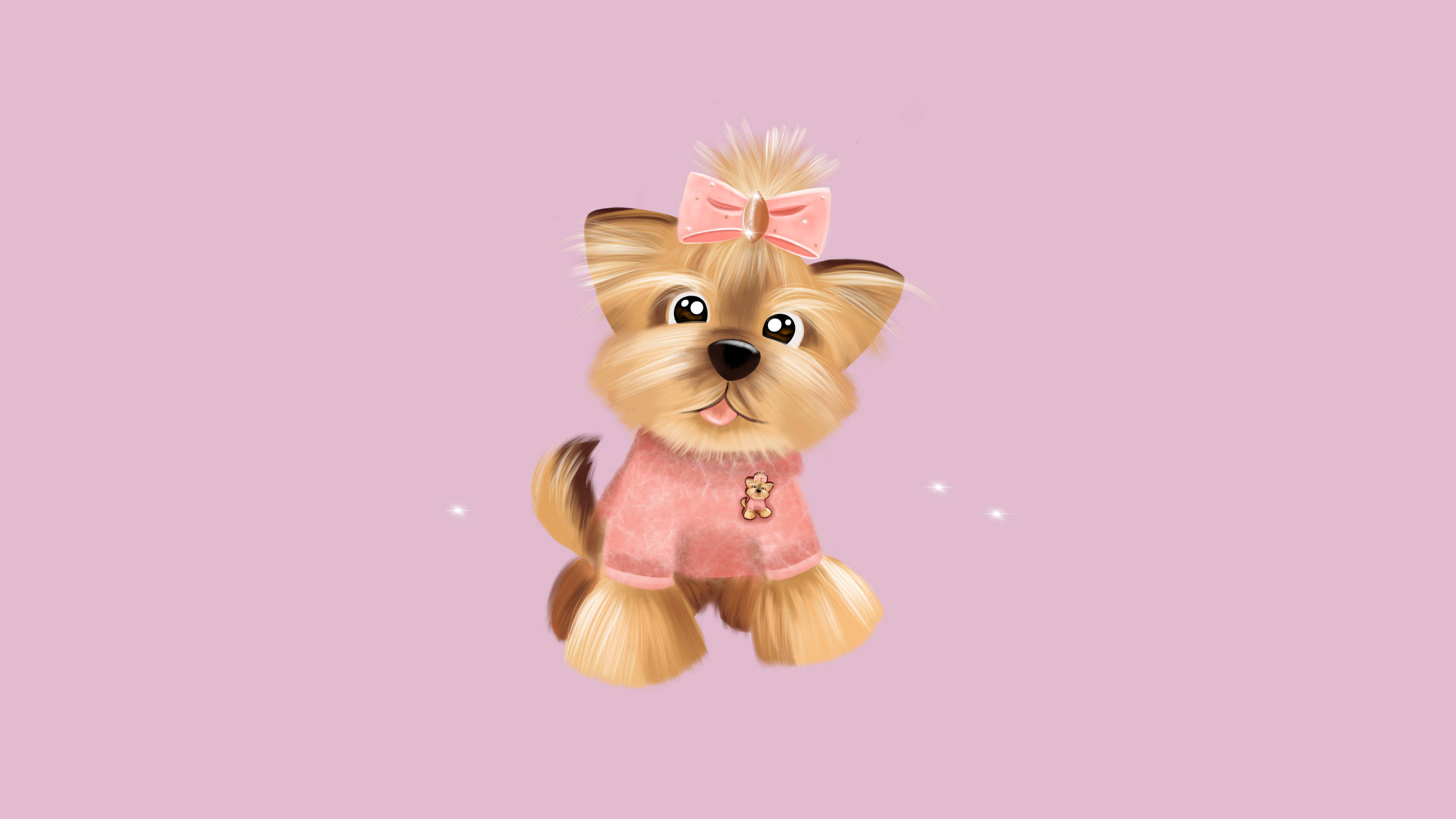 Terrier 桌布 壁紙 — 一隻可愛的插畫約克夏㹴幼犬，穿著粉紅色毛衣和蝴蝶結，背景是柔和的粉紅色。