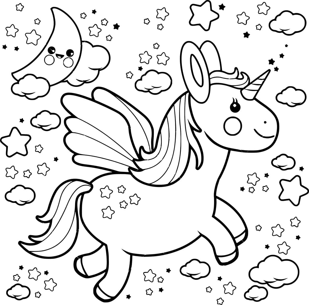 獨角獸 桌布 壁紙 — 一隻可愛的有翼獨角獸在星空下奔馳，伴隨著微笑的彎月和蓬鬆的雲朵。
