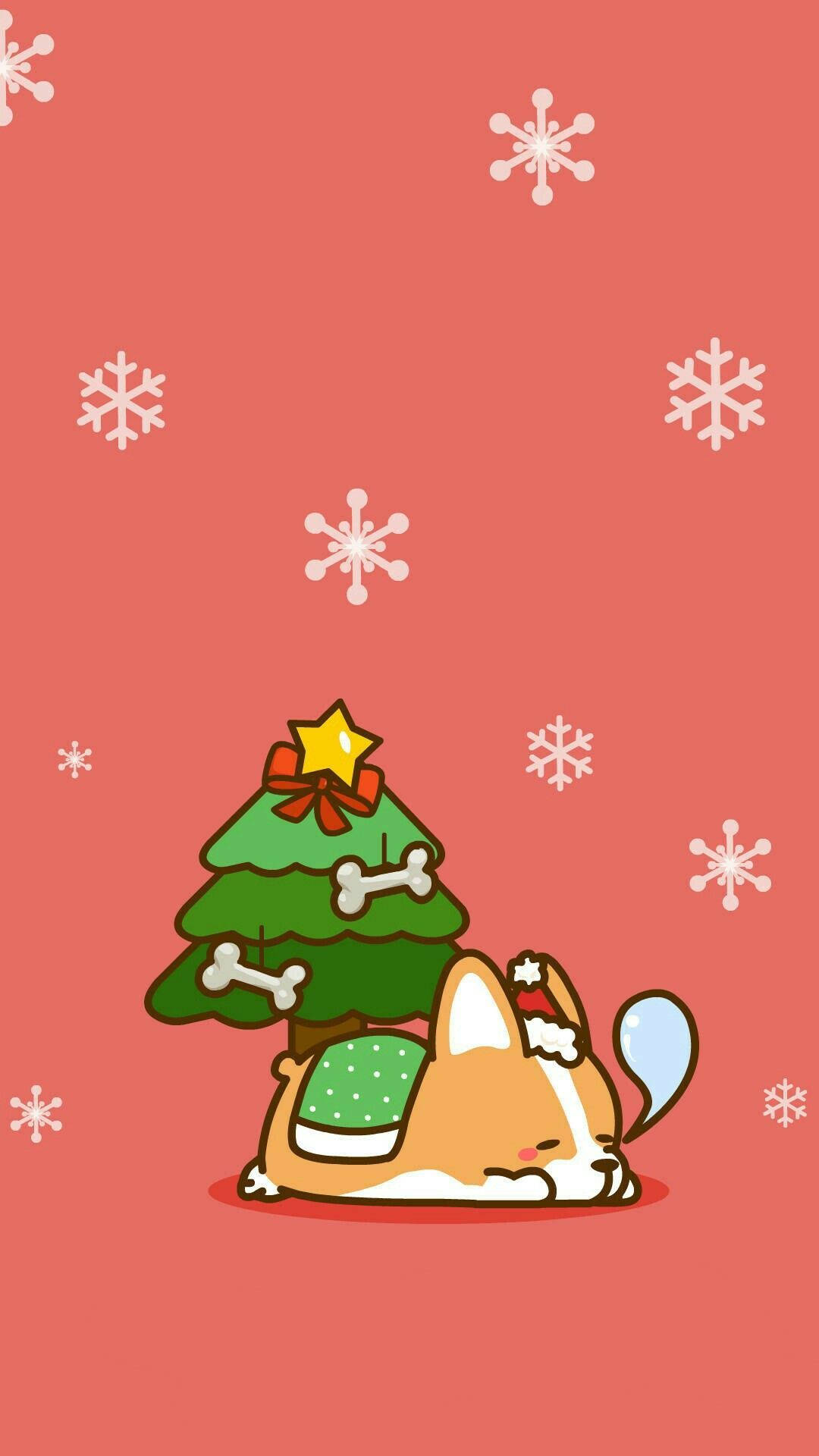 Kawaii Christmas 桌布 壁紙 — 一隻可愛的柯基犬在一個裝飾著骨頭和星星的小聖誕樹旁邊，在帶有雪花的珊瑚色背景上安詳地睡著。