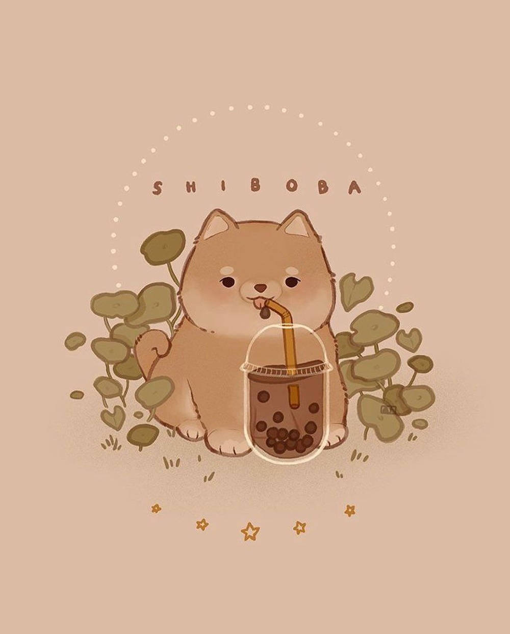 狗 桌布 壁紙 — 一隻可愛的柴犬幼犬在柔和的米色背景上，被心形葉子和星星包圍，啜飲著珍珠奶茶。