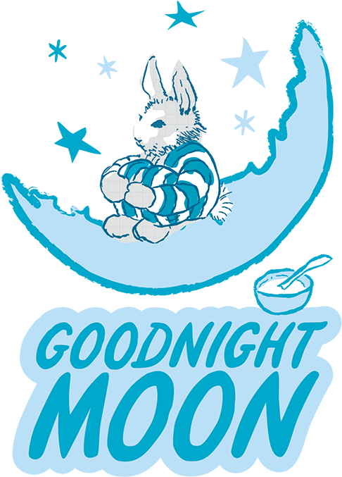 晚安 桌布 壁紙 — 一隻可愛的條紋兔子蜷縮在星星環繞的彎月上，下方有「GOODNIGHT MOON」文字。