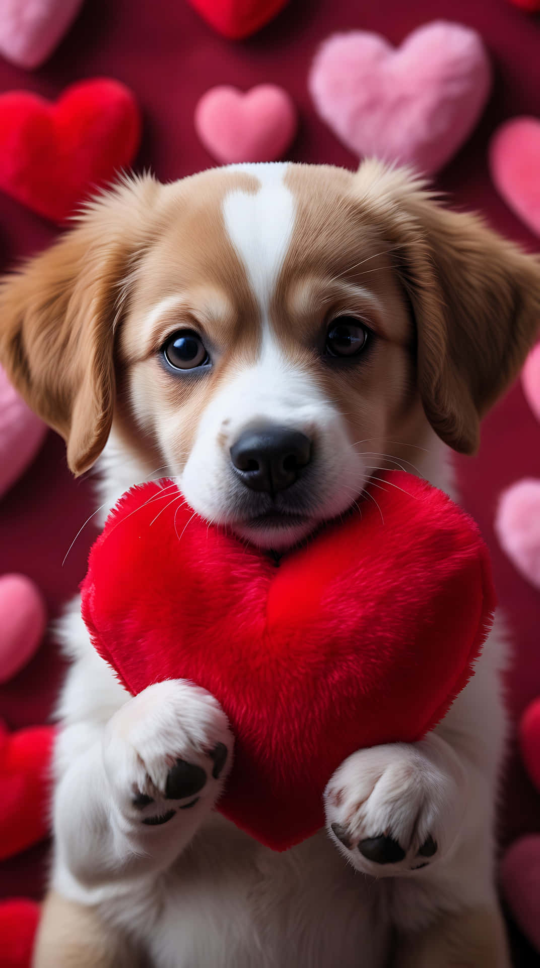 Lovely Puppy with Red Heart – Cute Love Wallpaper for Smartphone 壁紙 — 一隻可愛的棕白相間小狗，抱著一個毛茸茸的紅色心形玩具，背景是柔和的粉紅色和紅色心形。