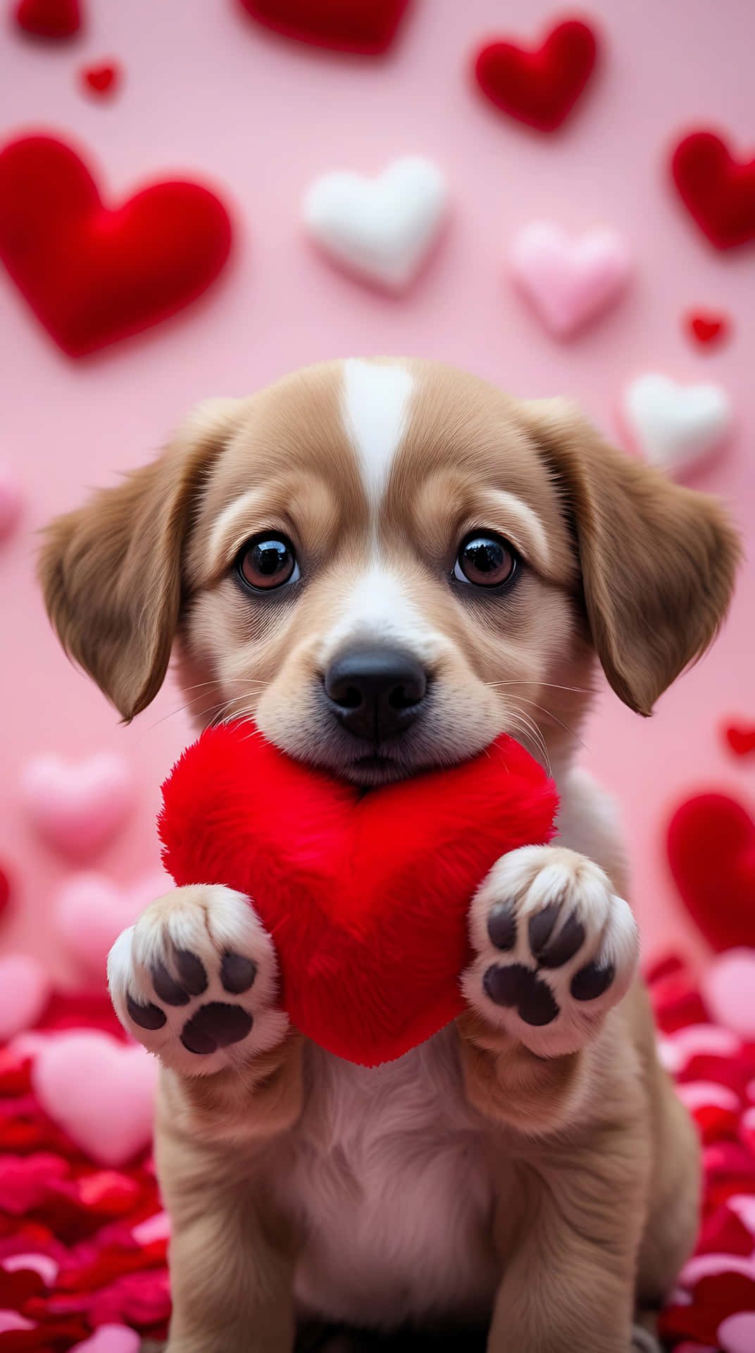 Lovely Puppy with Red Heart – Cute Love Wallpaper for Smartphone 壁紙 — 一隻可愛的棕白色小狗，在充滿漂浮心形的粉紅色背景前，抱著一個紅色心形毛絨玩具。