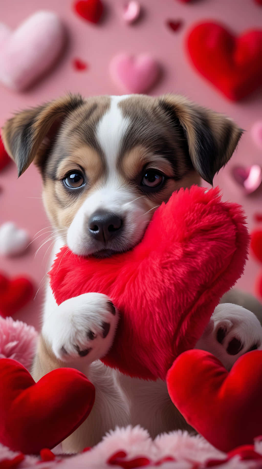 Lovely Puppy with Red Heart – Cute Love Wallpaper for Smartphone 壁紙 — 一隻可愛的棕白色小狗抱著一個毛絨絨的紅色心形玩具，周圍漂浮著心形圖案，背景為粉紅色。