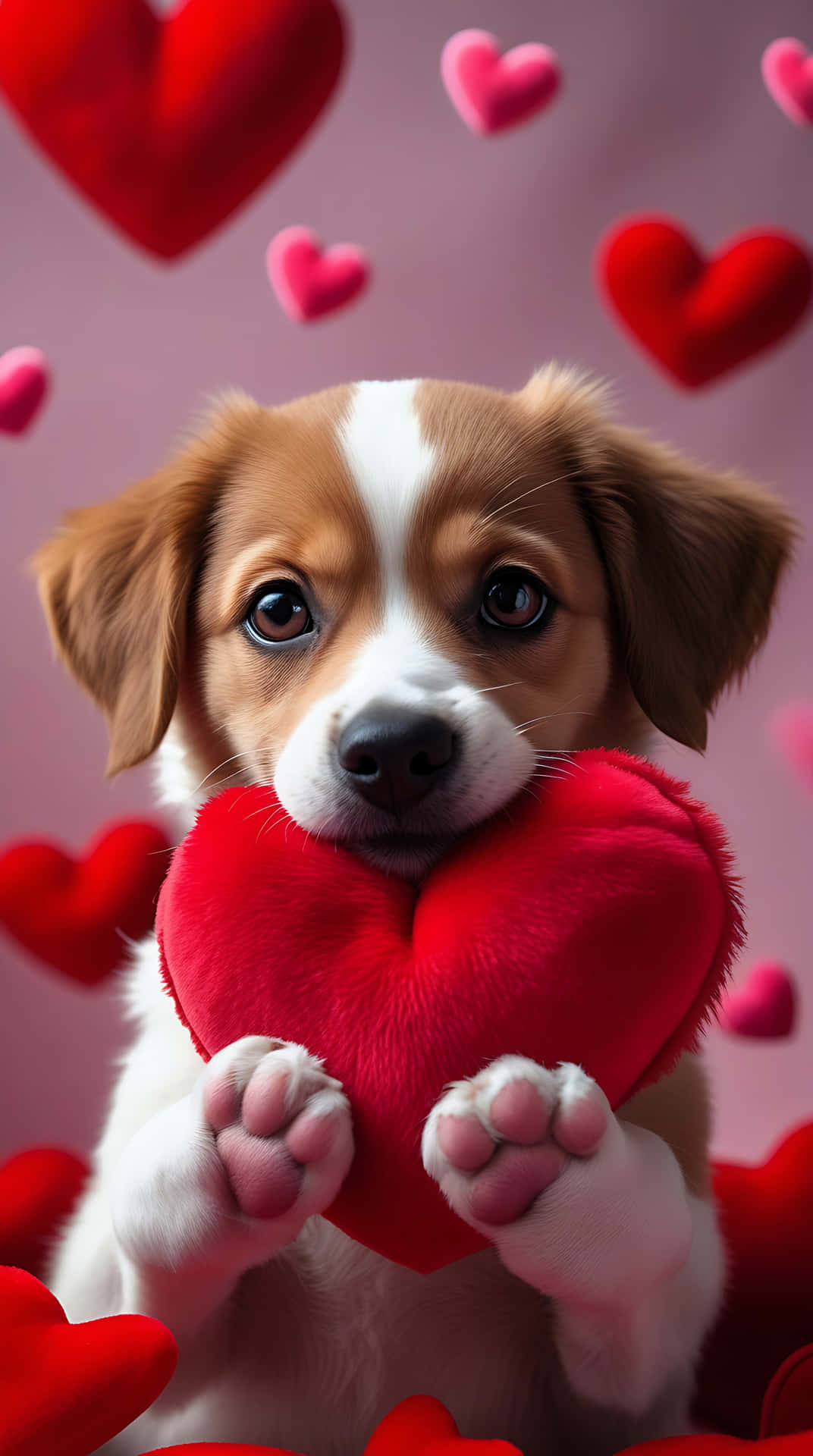 Lovely Puppy with Red Heart – Cute Love Wallpaper for Smartphone 壁紙 — 一隻可愛的棕白色小狗拿著一個毛茸茸的紅色心形玩具，周圍漂浮著心形，背景是粉紅色。